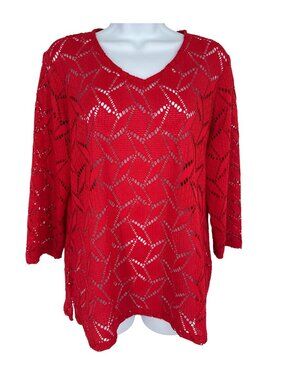 Chicos Red Crocheted Open Knit V-Neck 3/4 Sleeve Top Size 1 US M